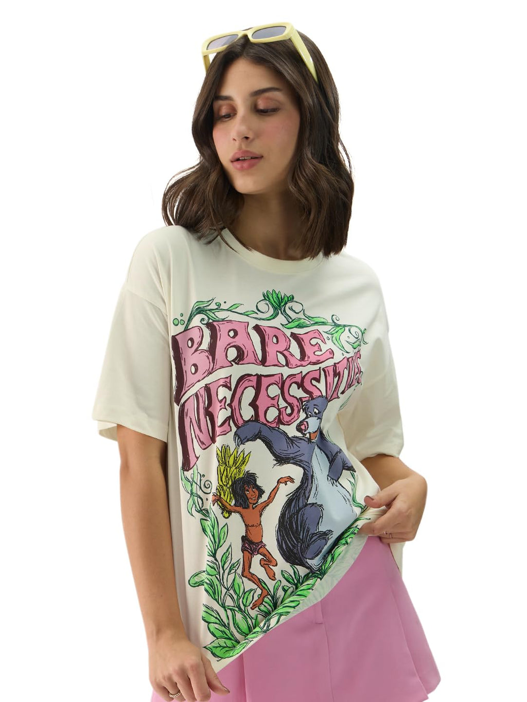 The Souled Store Official Disney: Bare Necessities Women and Girls Short Sleeve Round Neck White Graphic Print Cotton Oversized 