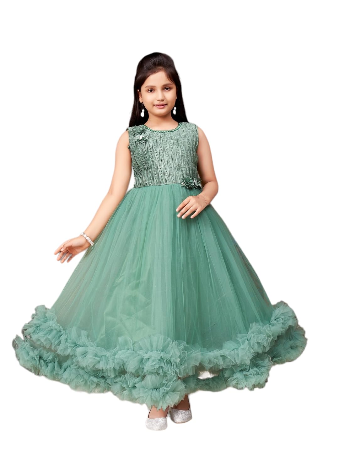 Aarika Girls Green Colour Emballished Beads Net Gown (4-11 Years)