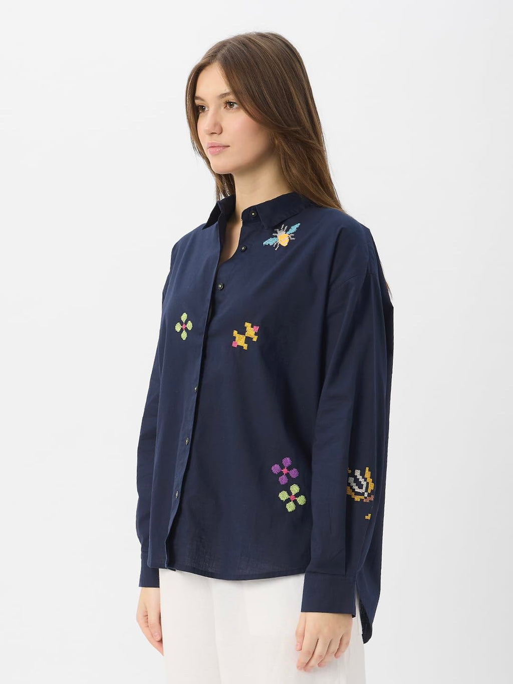 The Souled Store Gardenia Women and Girls Long Sleeve Collared Neck Button Down Boyfriend Shirts Navy Blue