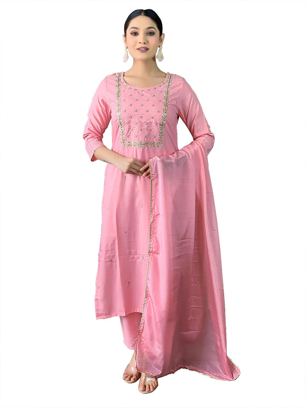 Naixa Womens Peach Rayon Slub Embroidered Straight Kurta with Rayon Slub Pant and Chinon Laced Dupatta Sets (M-Pragati-Peach-S)