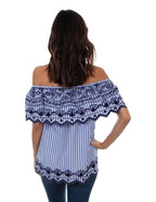 STRIPE/EMB RUFFLE BLOUSE