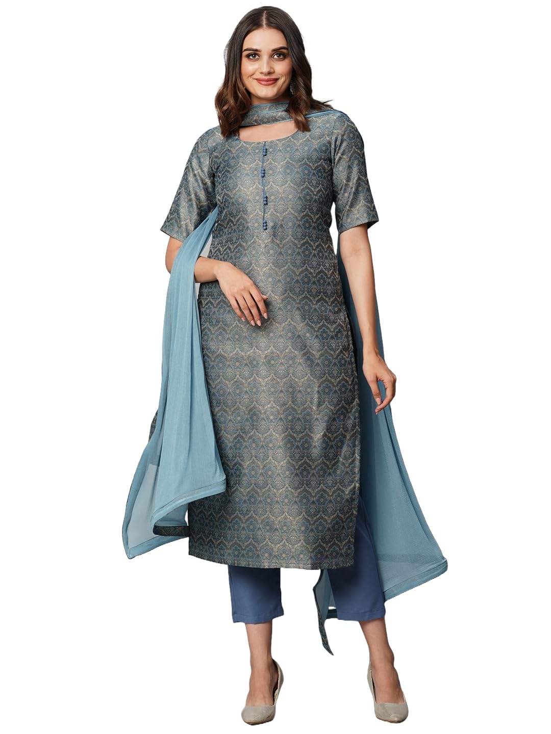 ANNI DESIGNER Womens Cotton Blend Straight Printed Kurta with Pant & Dupatta (Luis Firoji_XL_Blue_X-Large)