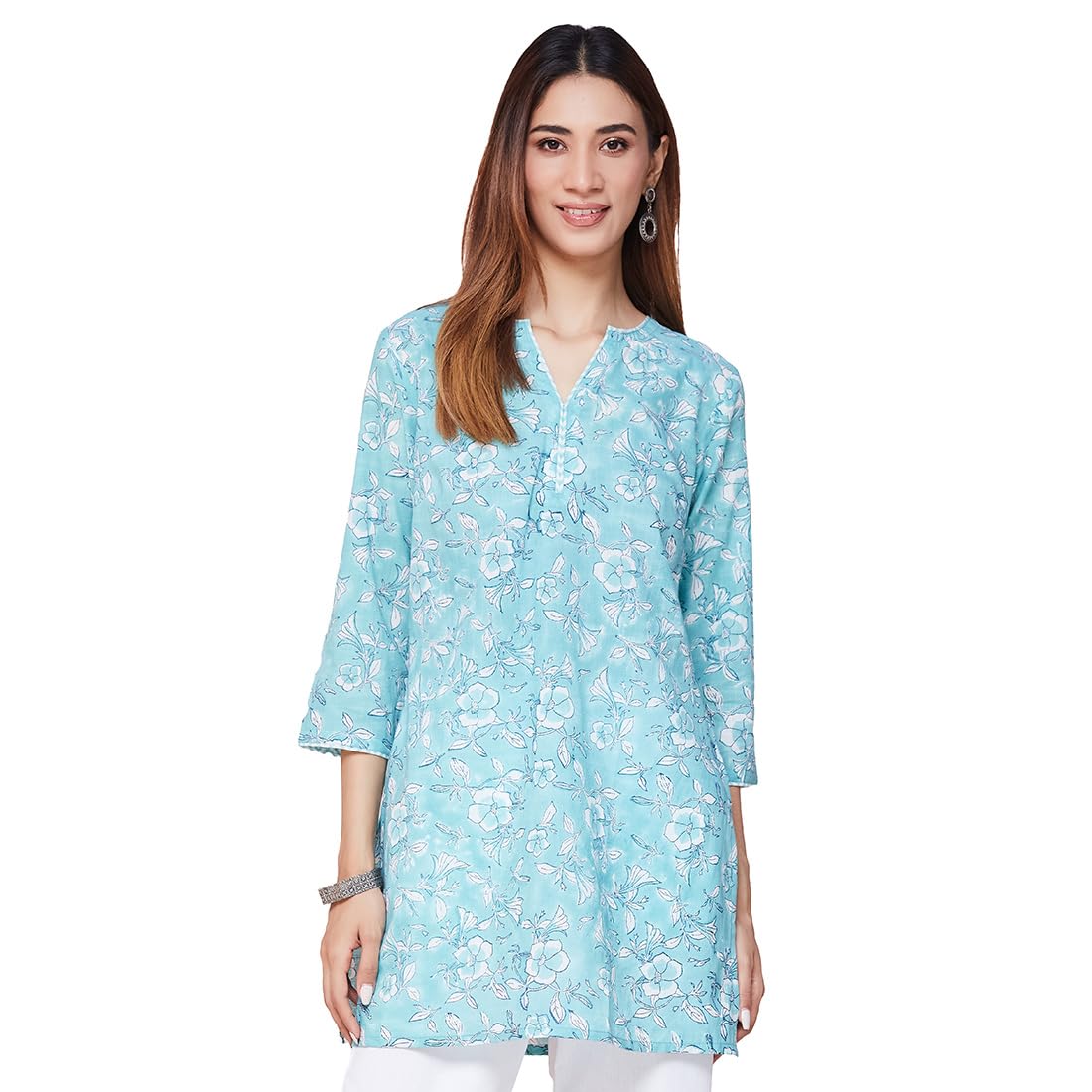Fabindia Blue Cotton Block Printed Slim Fit Short Kurta