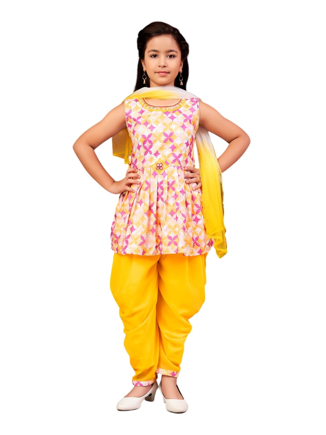 Aarika Girls Ethnic Wear Yellow Colour Floral Print Beads Embroidery Cotton Blend Dhoti Kurta Set With Dupatta-(9-13 Years)-(DH-