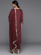 Varanga Women Maroon Embroidered Kurta Paired With Tonal Bottom And Dupatta