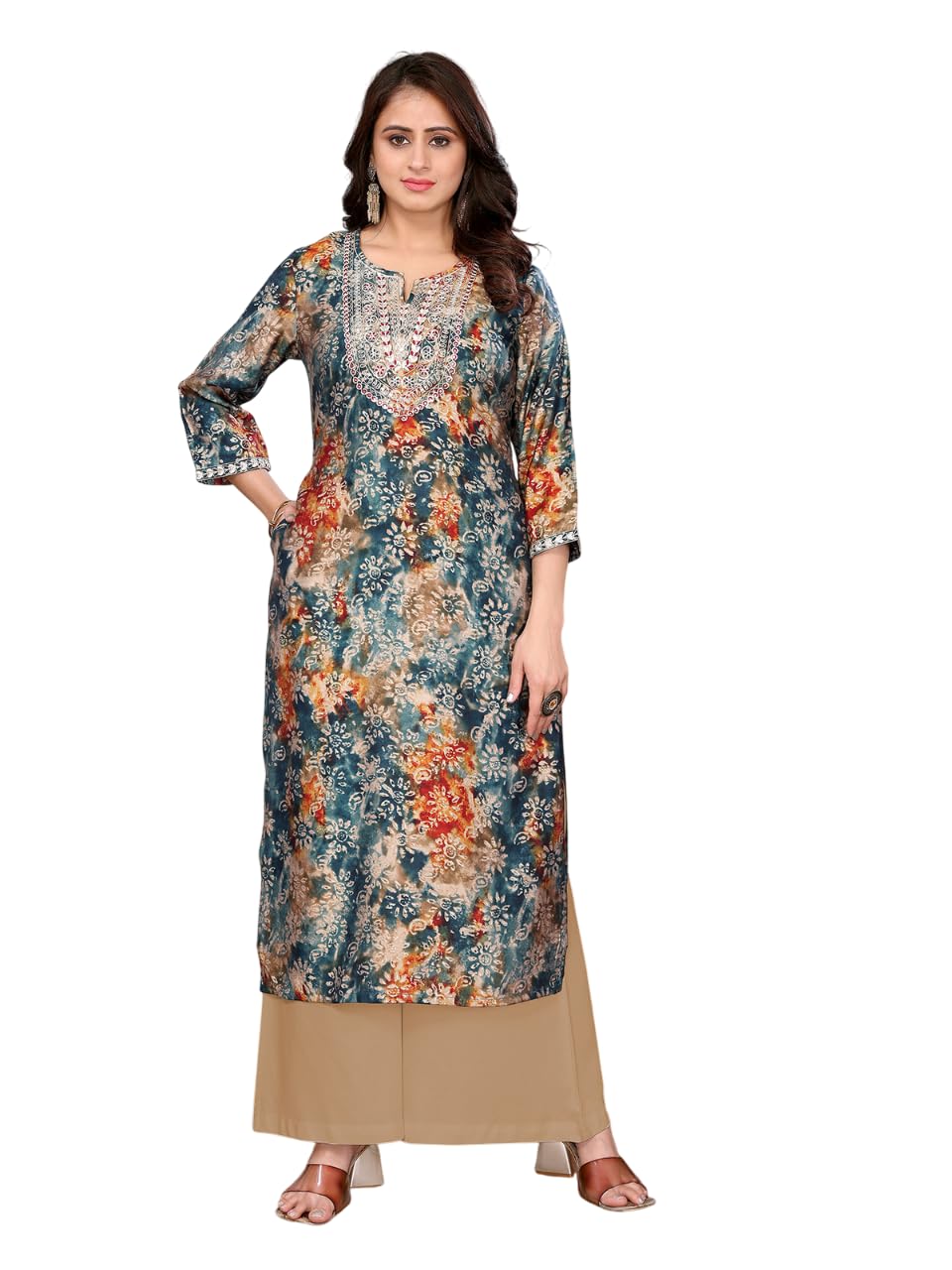 Rangita Teal Chanderi Straight Embroidered Calf Length Kurti | Kurta For Women_L