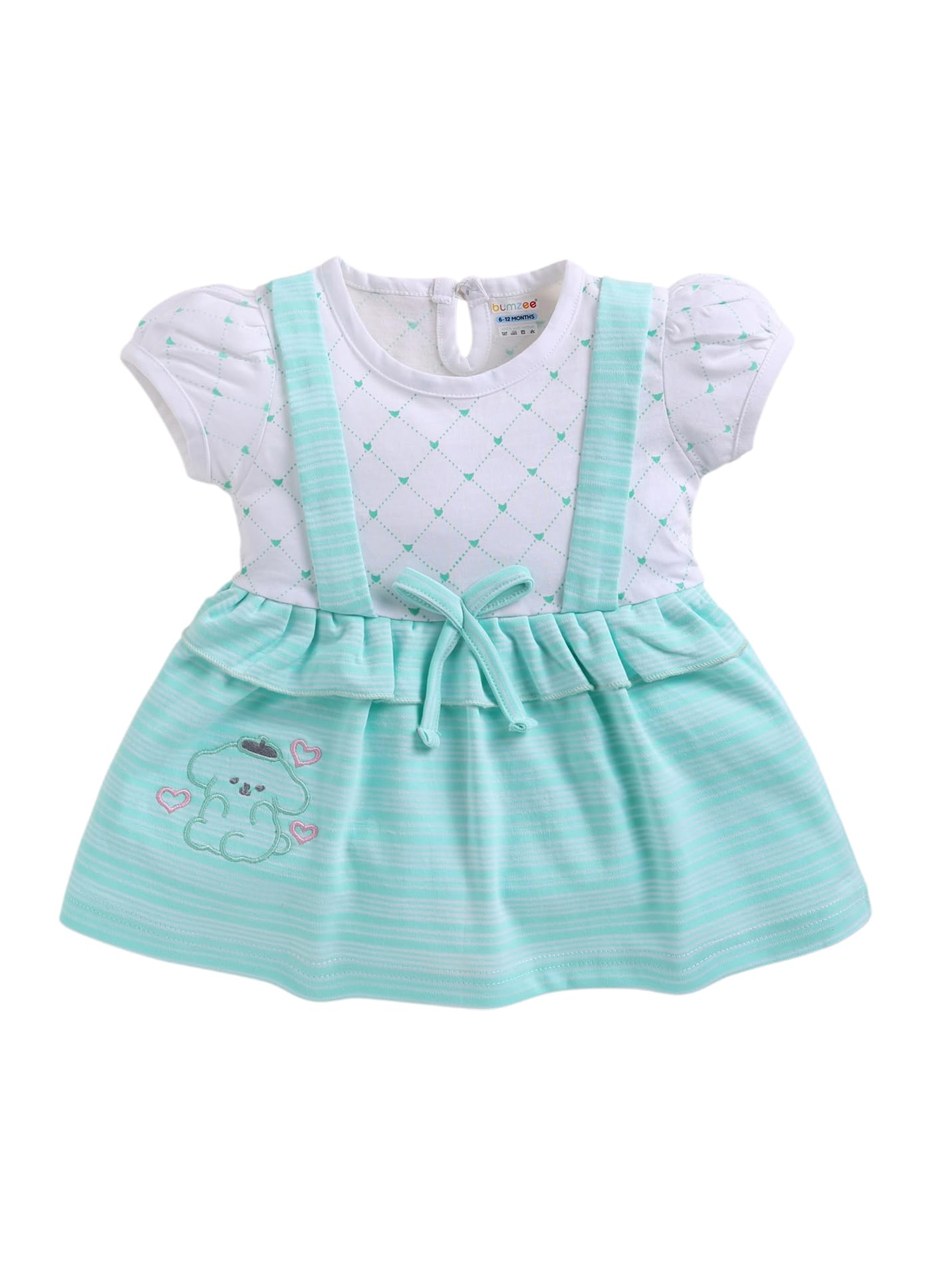 BUMZEE Girls Cotton Half Sleeves Striped Above Knee Length Frock/Dress Mint Green & Off White - 3-6 Months (Peb11361B-mgn)
