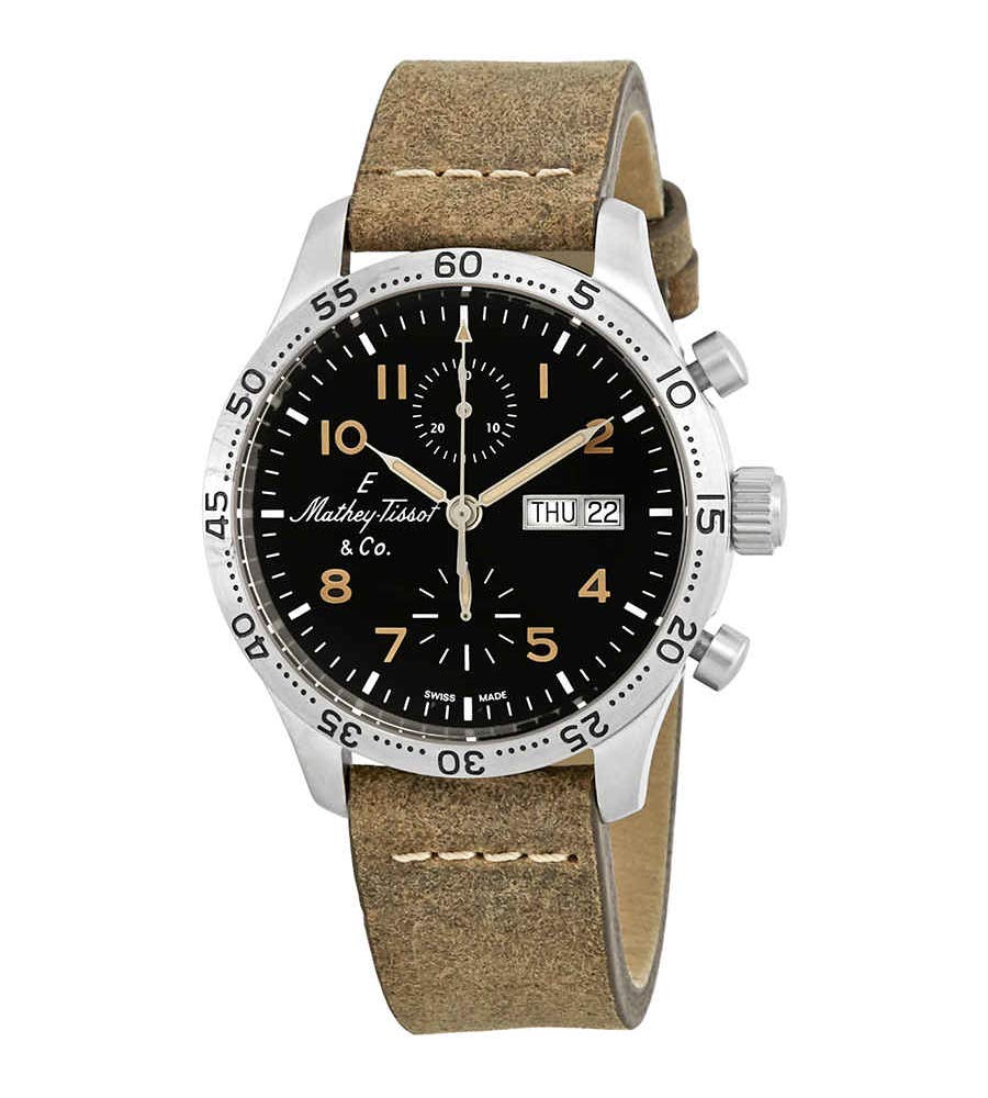 Mathey-Tissot Type 21 Chronograph Genuine Leather Black Dial Automatic H1821CHATLNO Mens Watch