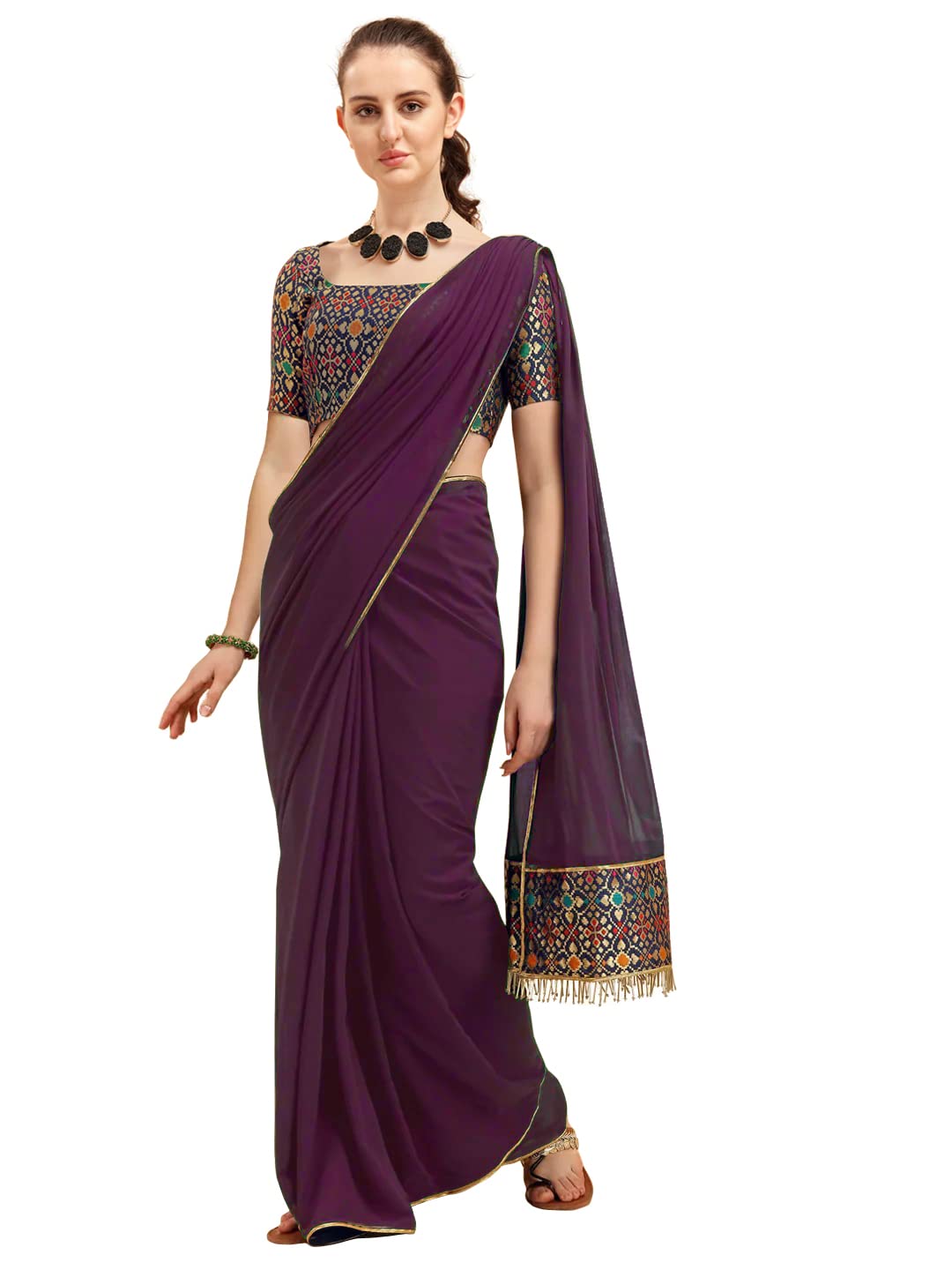 Shasmi Maroon Embellished Solid Georgette Saree With Blouse Pic (Sang Magneta)