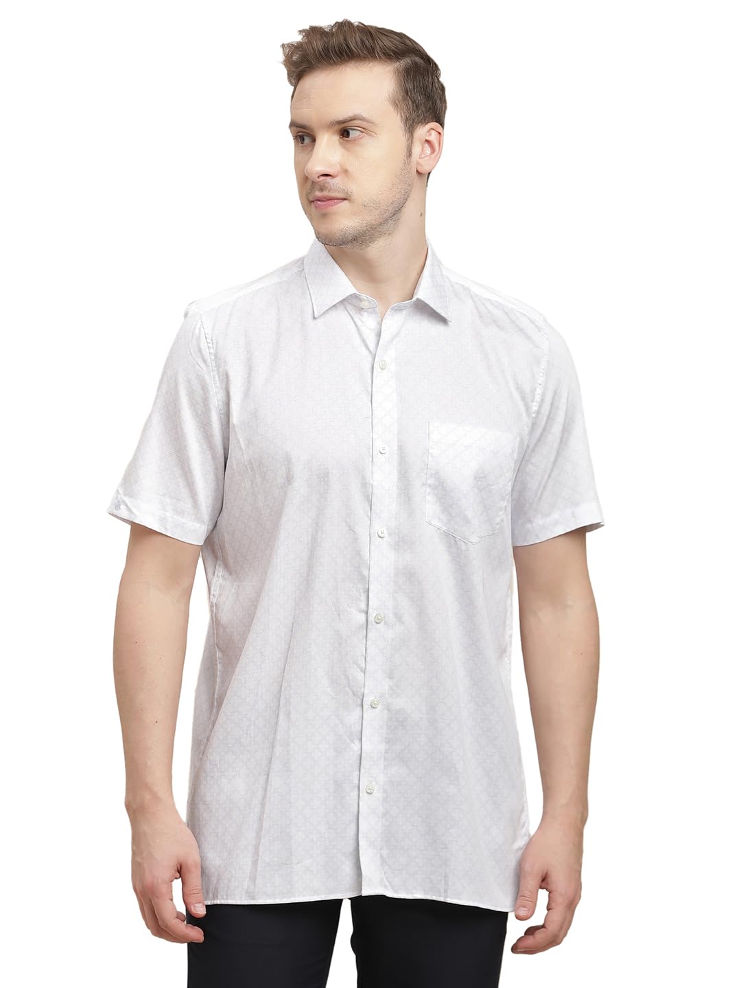 Turtle Men 100% Cotton Regular Fit White Digital Printed Half Sleeve Formal Shirt