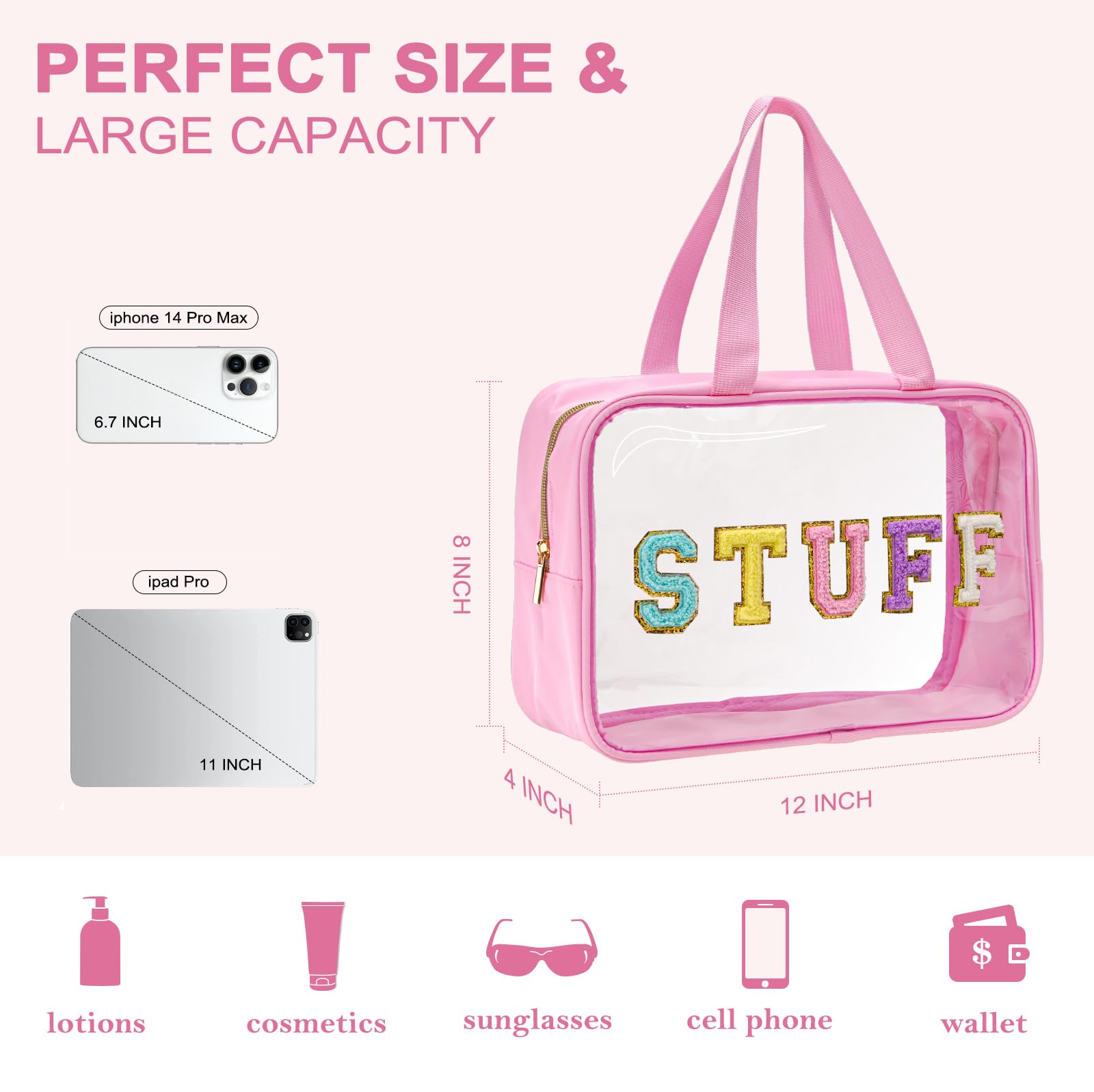 Yowivon Clear Stuff Tote Bag Pink Big Travel Cosmetic Makeup Toiletry Bag with Handle and Zipper, Transparent Waterproof Beach S