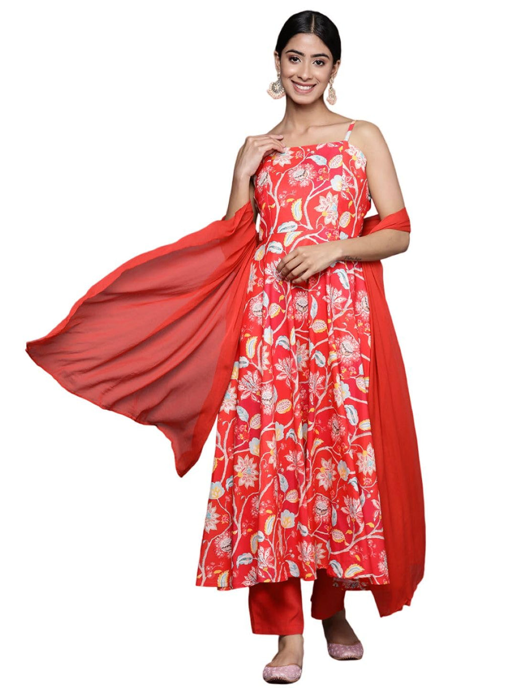 Varanga Women Red Floral Printed Anarkali Kurta Paired With Tonal Bottom And Dupatta