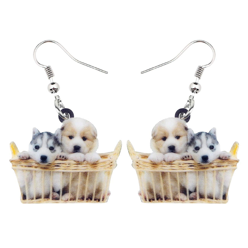NEWEI Acrylic Cute Basket Of Husky Shih Tzu Puppy Dog Earrings Drop Dangle Animal Jewelry For Women Gift
