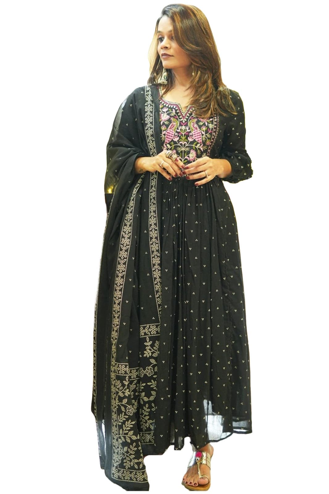 ANNI DESIGNER Womens Rayon Viscose Printed Anarkali Kurta with Pant & Dupatta (Kanota Black-VKS01_XL_Green_X-Large)