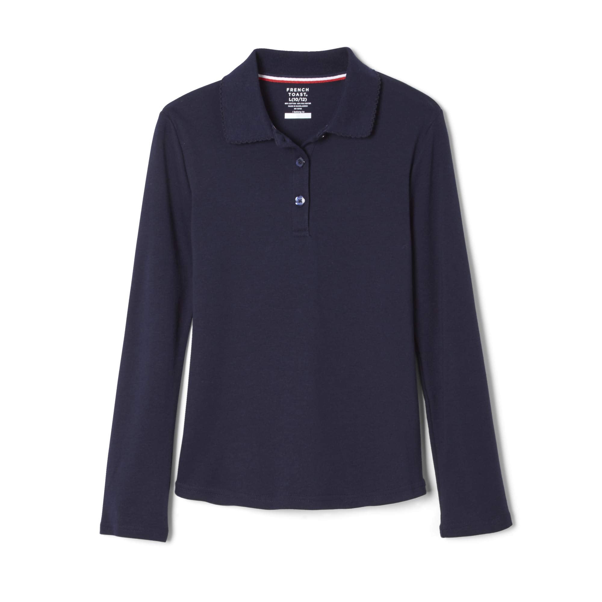 French Toast girls Uniform Long Sleeve With Picot Collar (Standard & Plus) Polo Shirt, Navy, 10 12 US