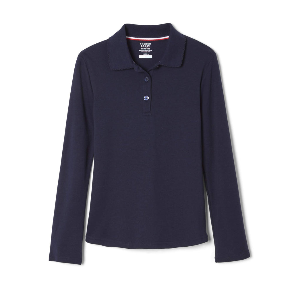 French Toast Girls Size' Uniform Long Sleeve Polo with Picot Collar (Standard & Plus), Navy, 18/20 Plus