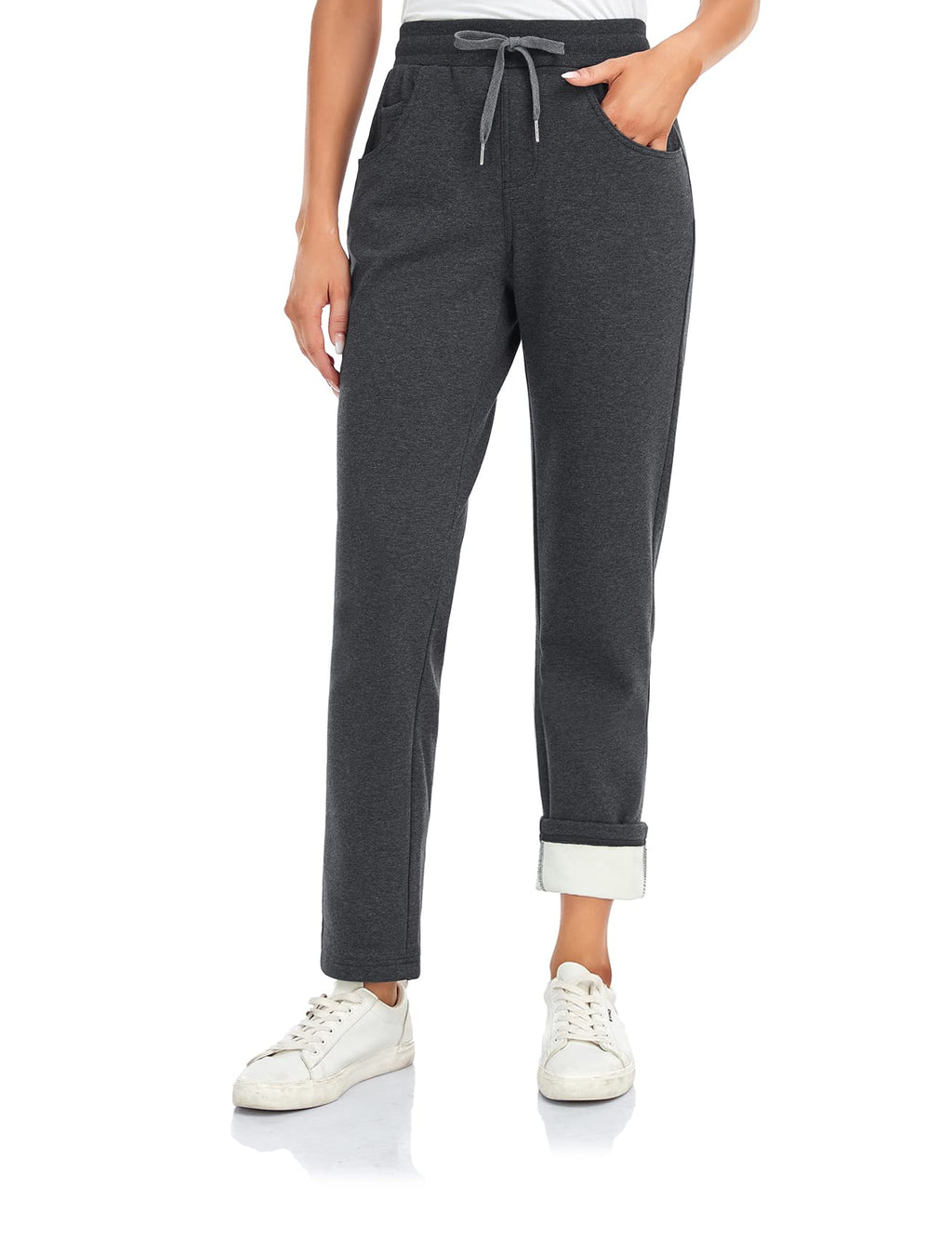 Inno Women's Buttery Soft Fleece Lined Straight Pants Warm Sweatpants Thermal Athletic Lounge, Dark Grey, L, Regular-31 Inseam