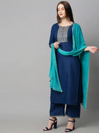 Gosriki Women'S Cotton Blend Solid Straight Kurta With Palazzos & With Dupatta (Dakum-Gs)