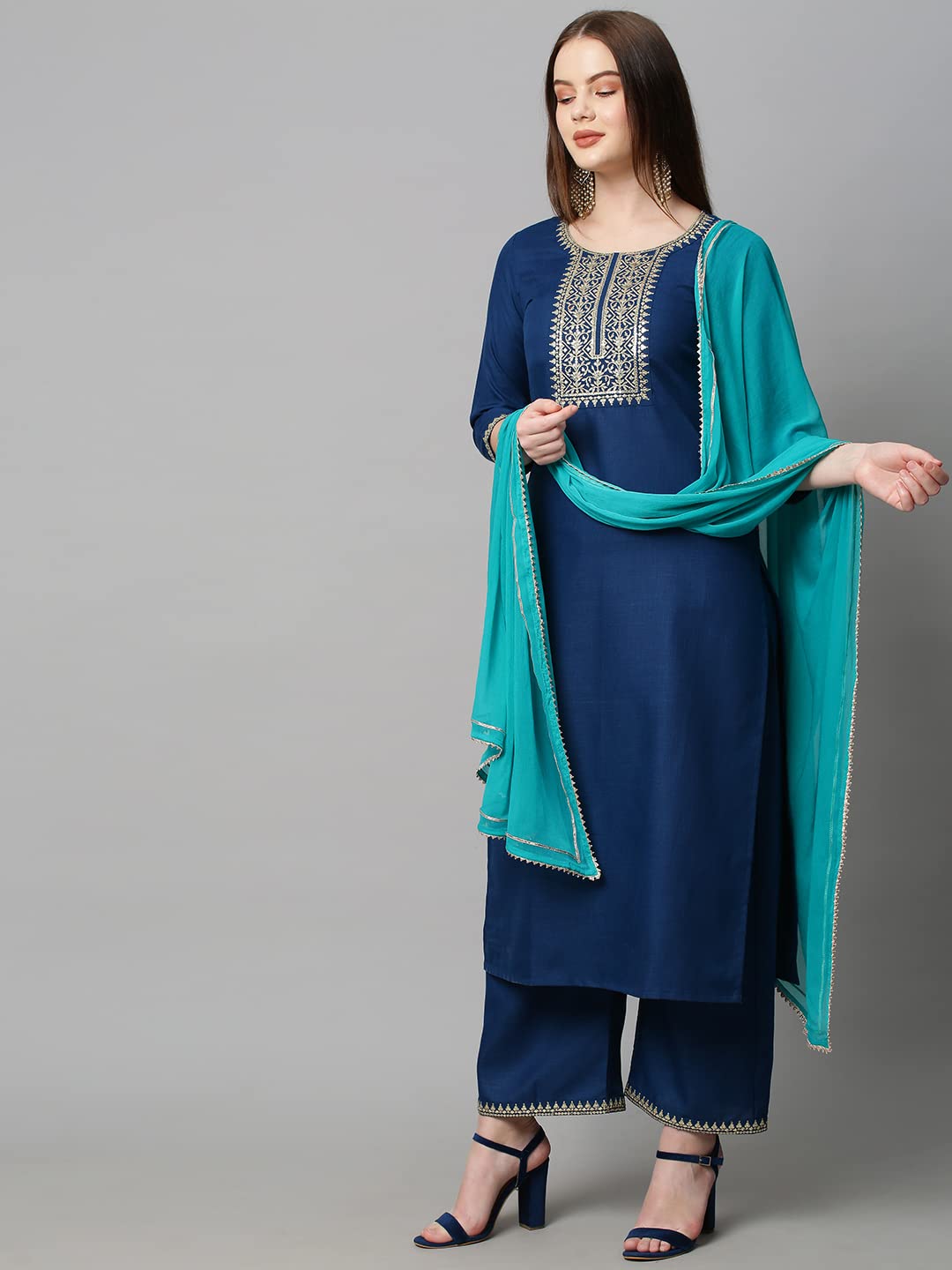 Gosriki Women'S Cotton Blend Solid Straight Kurta With Palazzos & With Dupatta (Dakum-Gs)