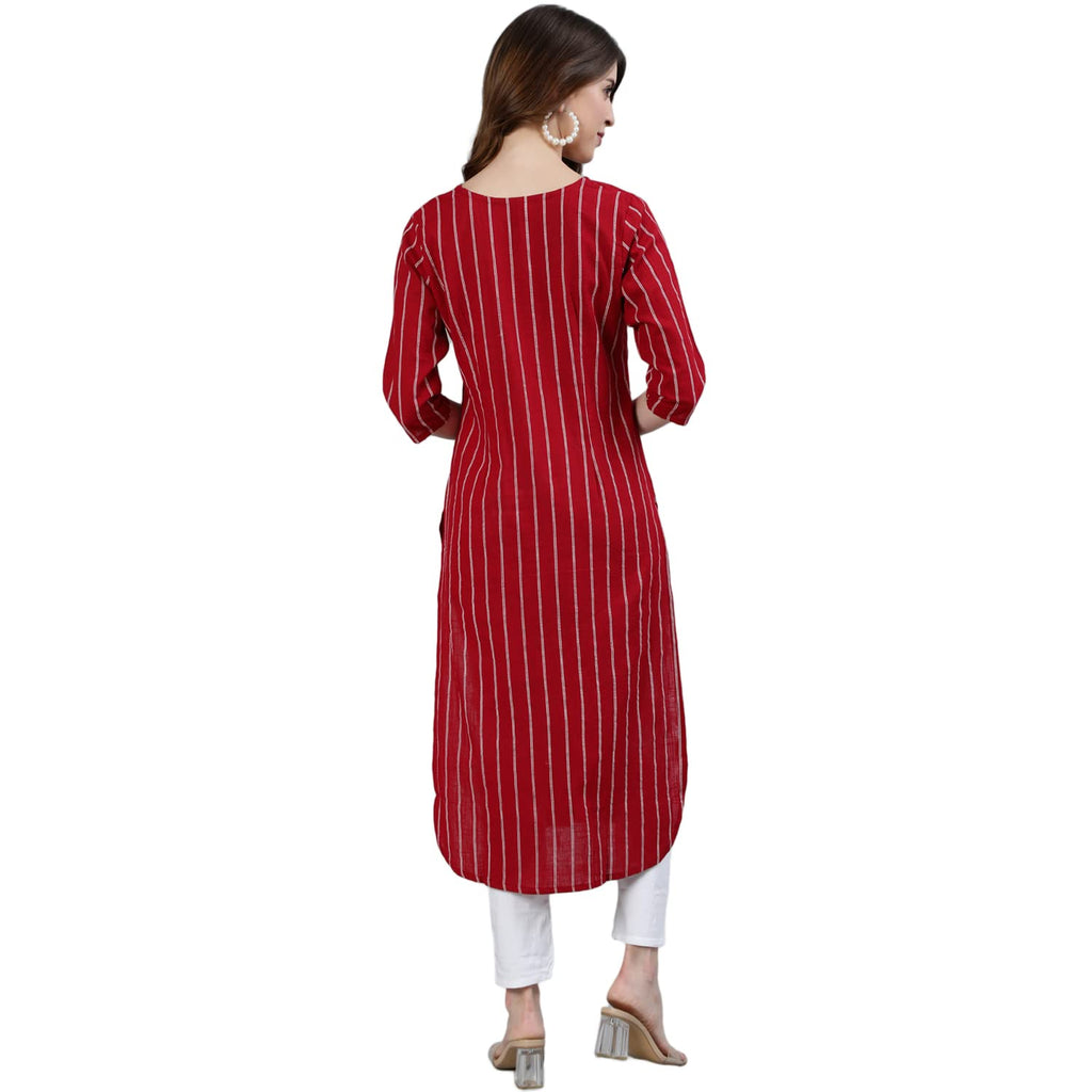 Ishin Women'S Cotton A-Line Embellished Beads And Stones Striped Print Red Kurti