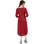 Ishin Women'S Cotton A-Line Embellished Beads And Stones Striped Print Red Kurti