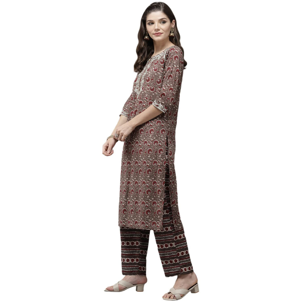 Anubhutee Women'S Cotton Brown Ethnic Motifs Printed Straight Kurta Suit Set With Pants And Dupatta
