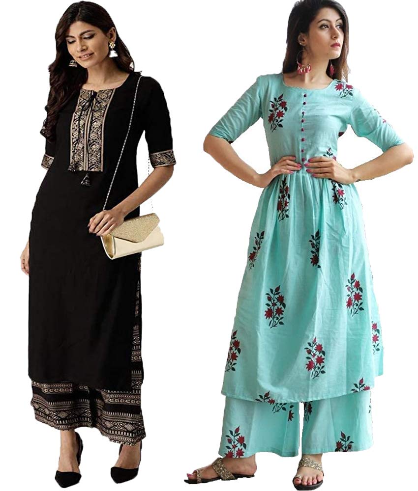 ANNI DESIGNER Women's Printed Straight Kurta with Palazzo (CHAND & KUZ_M)