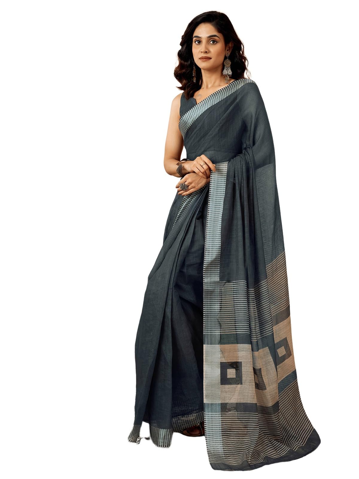 Satrani Womens Linen One Minute Pre Stitched Zari Stripe Border Printed Ready To Wear Saree With Attached pocket & Unstitched B