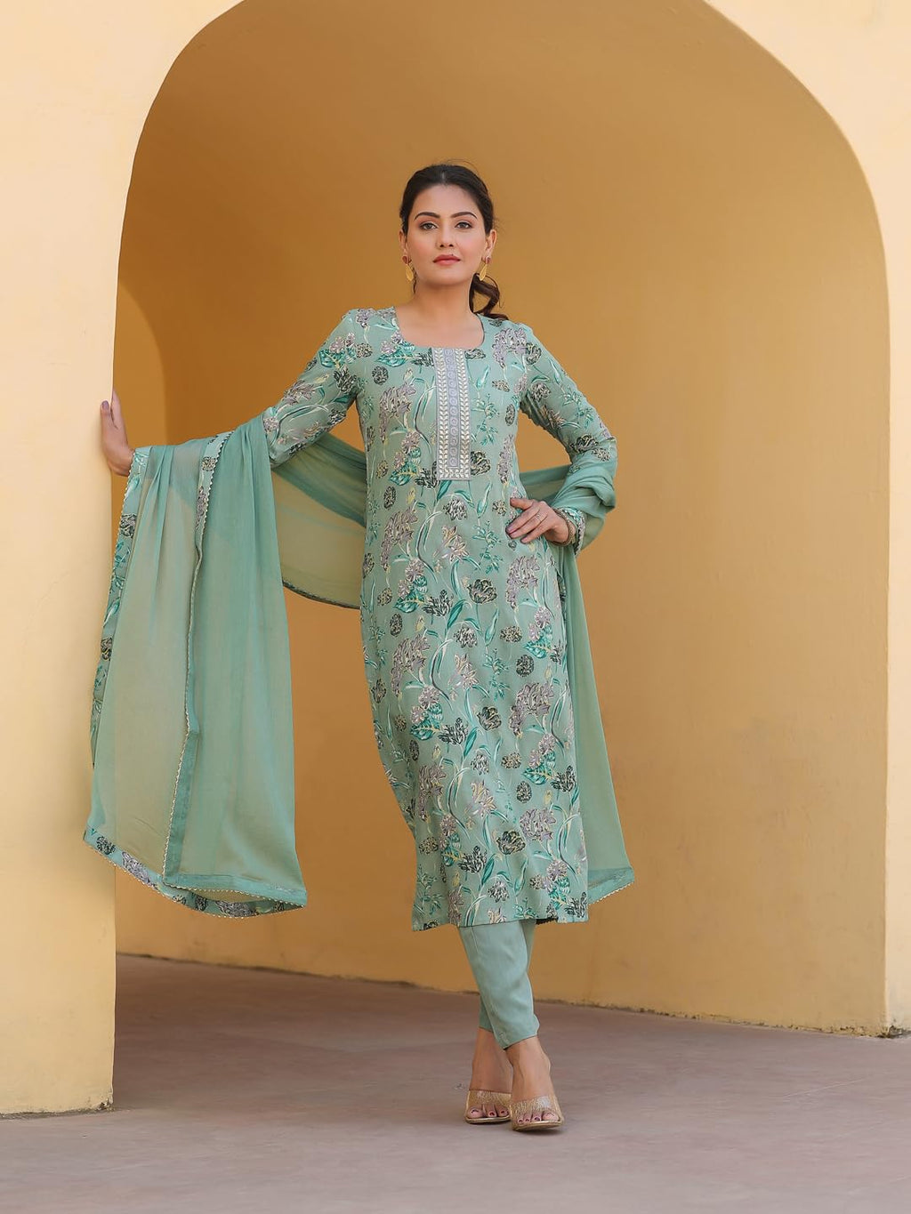 ANNI DESIGNER Women s Rayon Blend Kurta with Trousers and Dupatta, Green, L