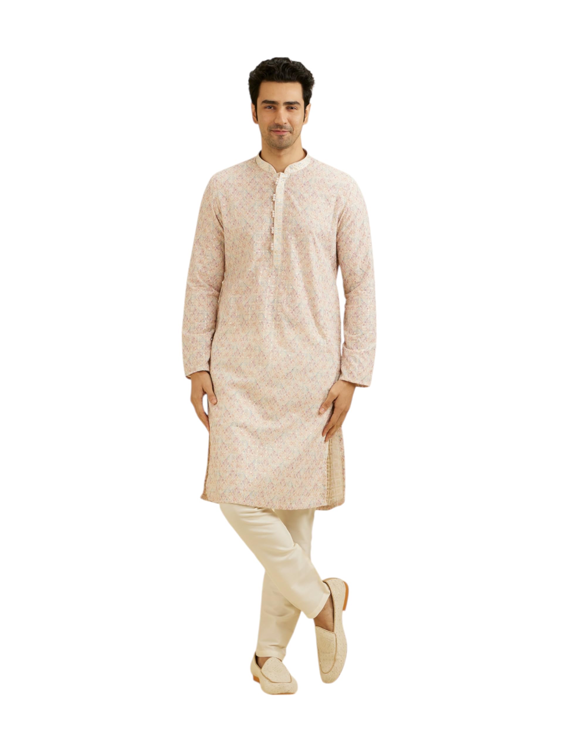 Manyavar Mens Cotton Blend Digital Print|Embroidery Kurta Set (Pink,XL)