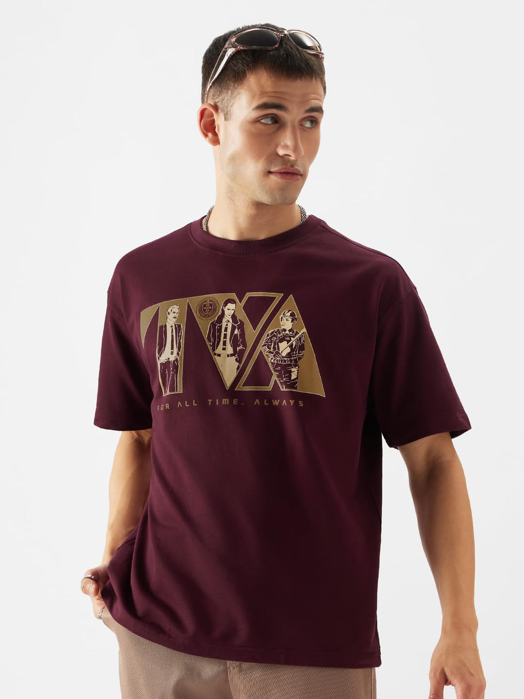 The Souled Store Official Loki: Time Variance Authority Men and Boys Oversize Fit Half Sleeve Graphic Printed Cotton Maroon Colo