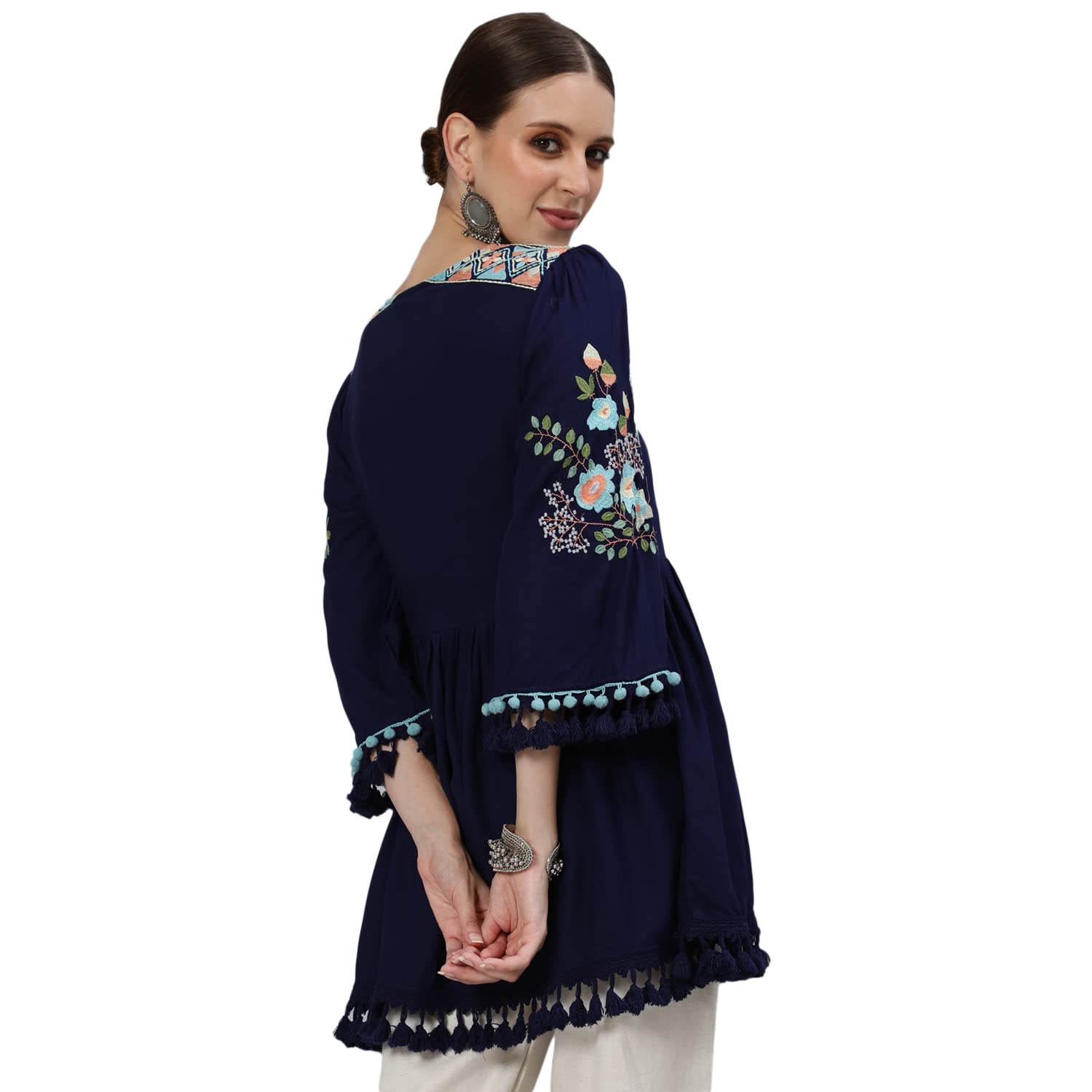 Ishin WomenS Rayon Navyn Blue Embroidered A-Line Top