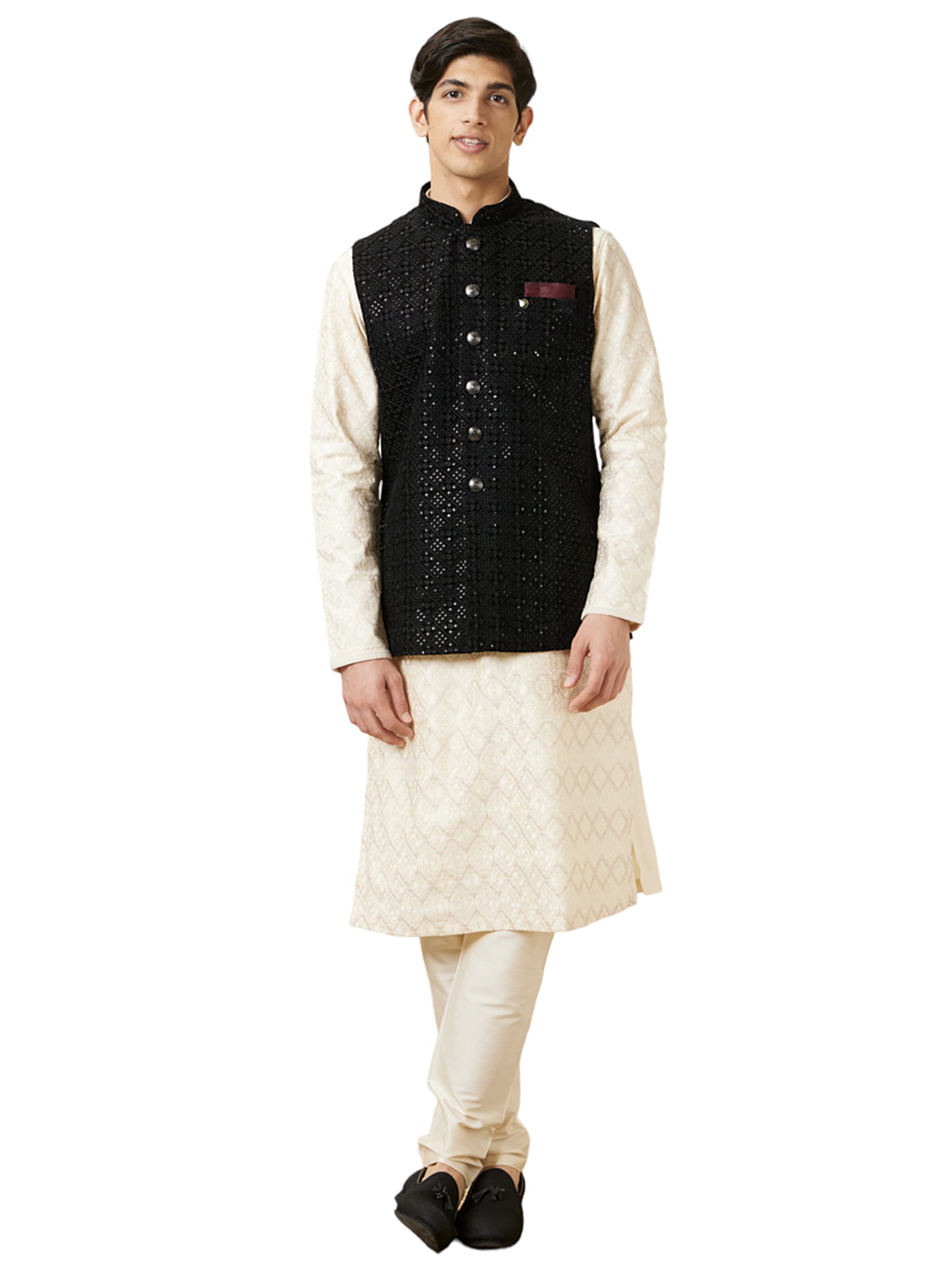 Manyavar Mens Velvet Self Design Sleeveless Mandarin Collar Traditional Nehru Jacket (Black,XXL)