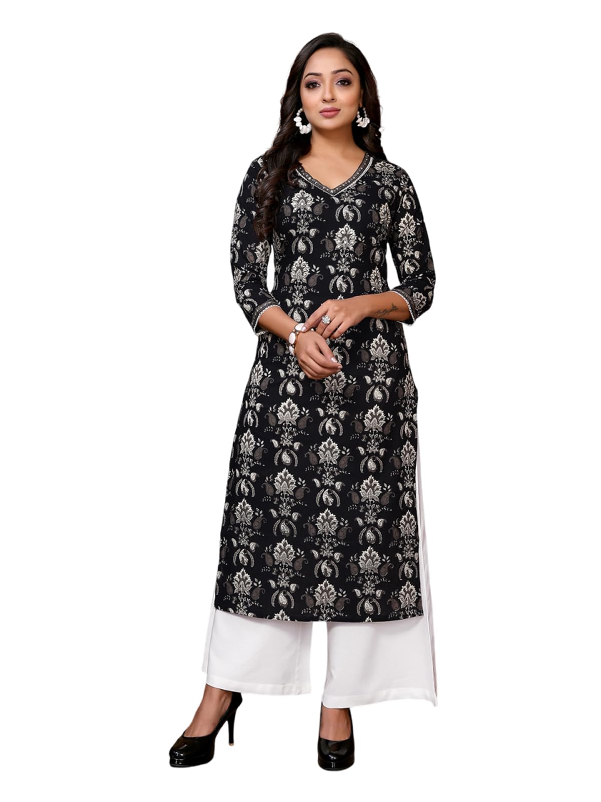 rangita Black Cotton Calf Length Embroidered Straight Kurti | Kurta for Women_M
