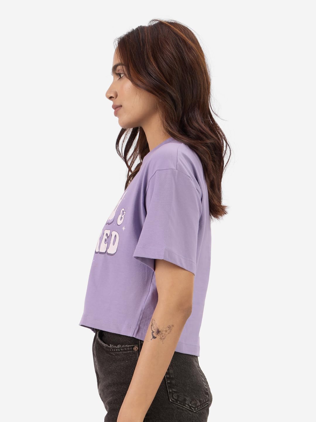 The Souled Store : Blessed and Unbothered Womens Oversized Fit Graphic Printed Half Sleeve Cotton Cropped T-Shirt