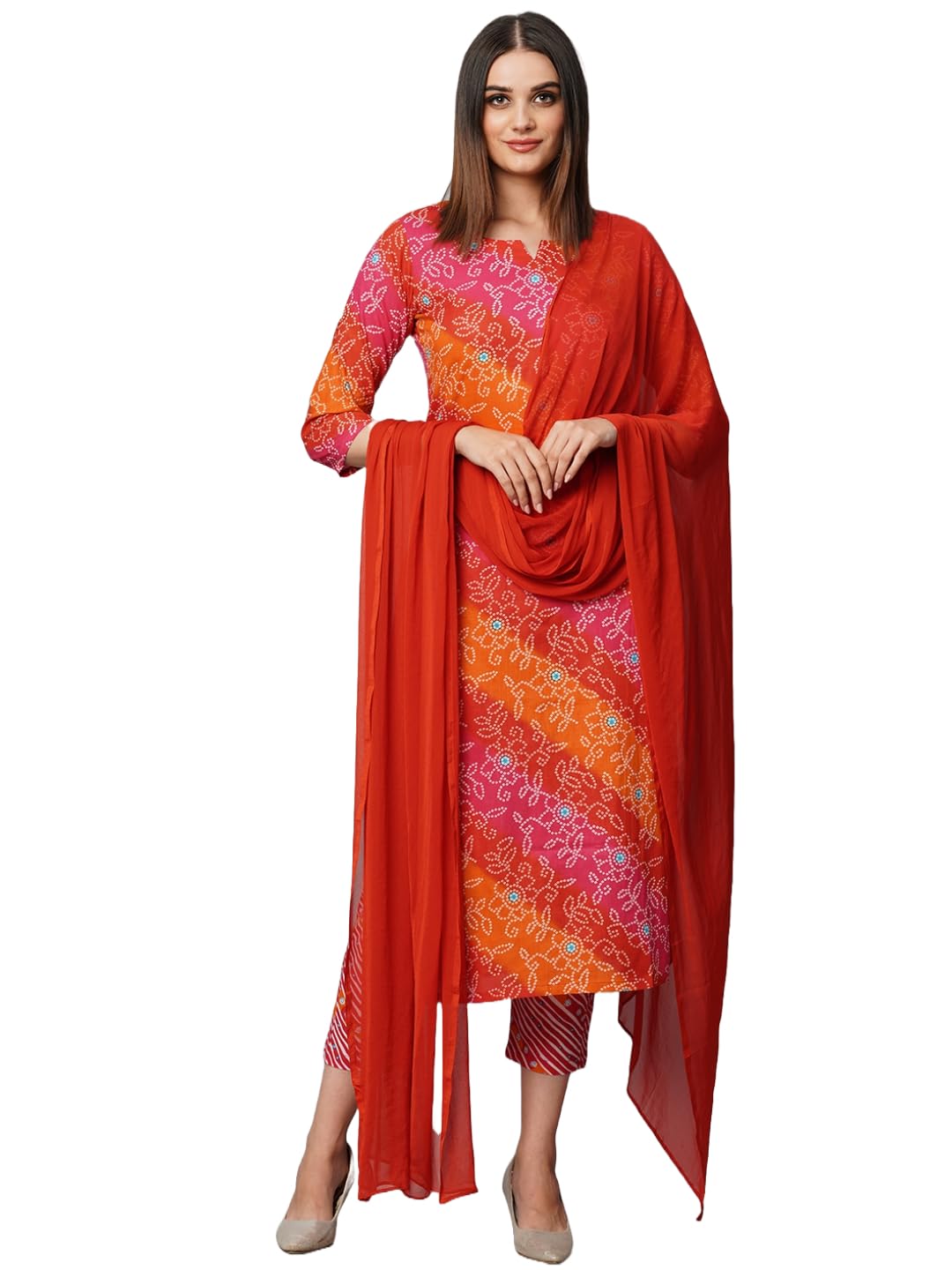 ANNI DESIGNER Womens Cotton Blend Straight Printed Kurta with Pant & Dupatta (Makhan Pink_S_Pink_Small)