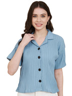 Vairagee Women Cotton Blend Blue Striped Pattern V-Collar Half Sleeve Stylish Boxy Shirt (1621)