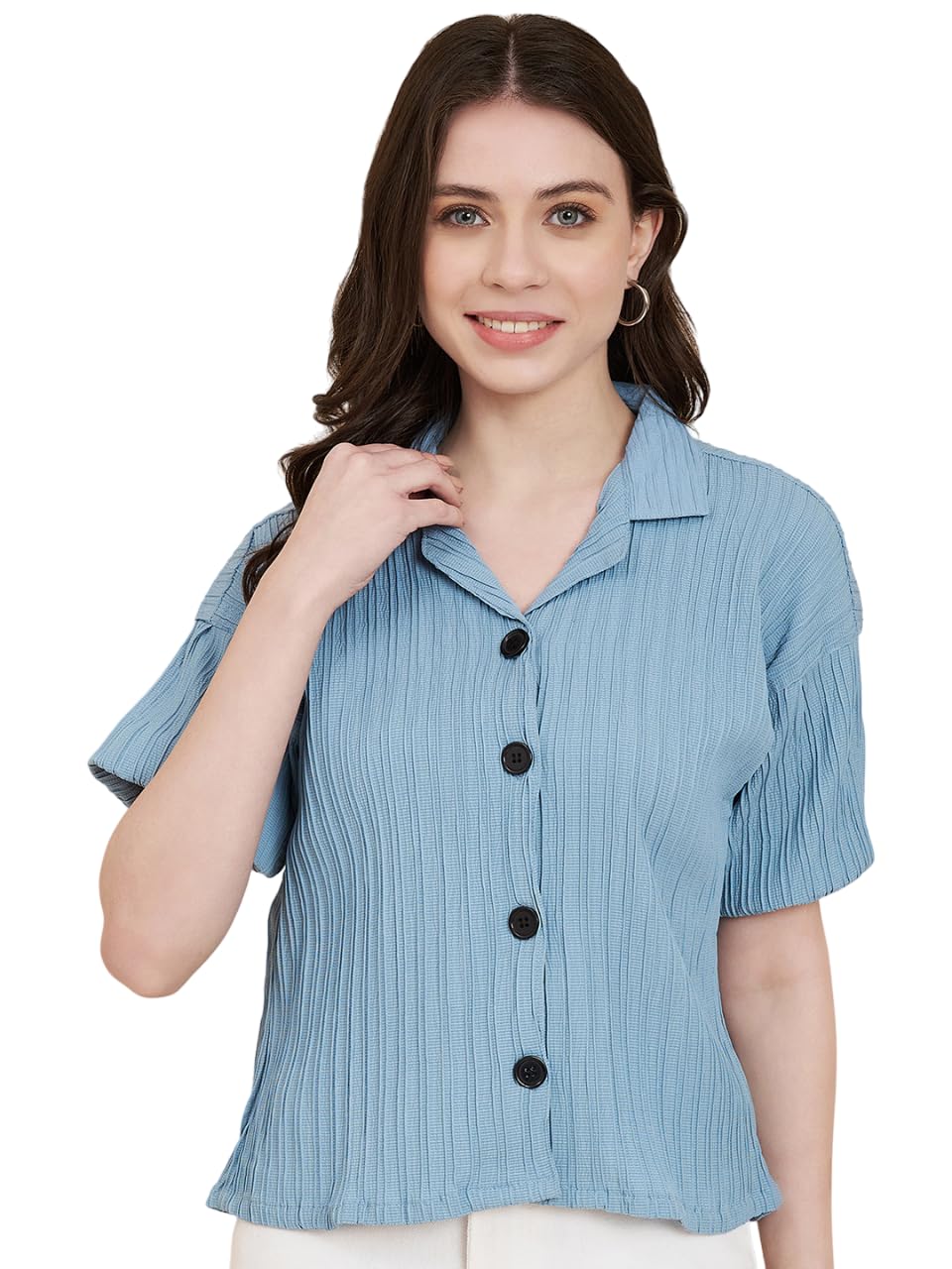 Vairagee Women Cotton Blend Blue Striped Pattern V-Collar Half Sleeve Stylish Boxy Shirt (1621)