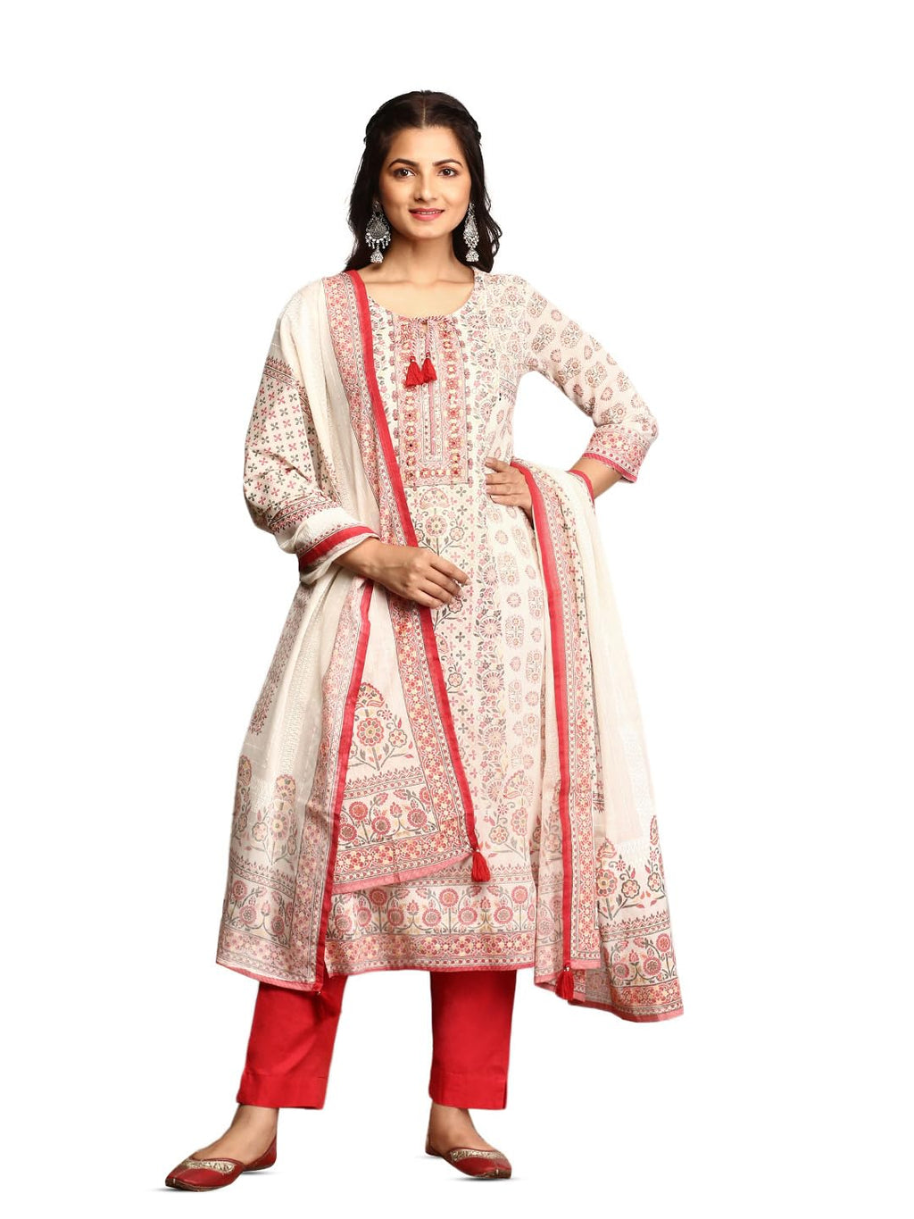 Ishin Embellished Ethnic Motifs Printed Tie Up Kurta With Pants And Printed Dupatta | Kurta Set For Women | Kurta With Trousers 