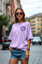 Juneberry Oversize Loose Baggy Fit Drop Shoulder Cool And Stylish Latest Stay Weird Pocket Print Design Lilac Half Sleeve T-Shir