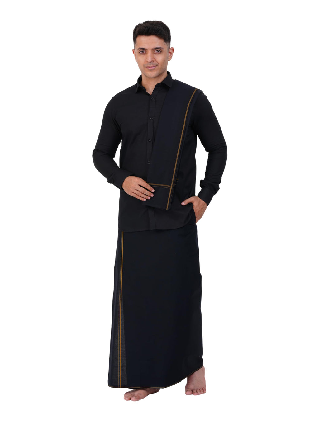 Prakasam Cotton Mens Small Border (Roja) Flexi Adjustable Readymade Pocket Black Dhoti + Readymade Full Sleeve Shirt + Black Sma