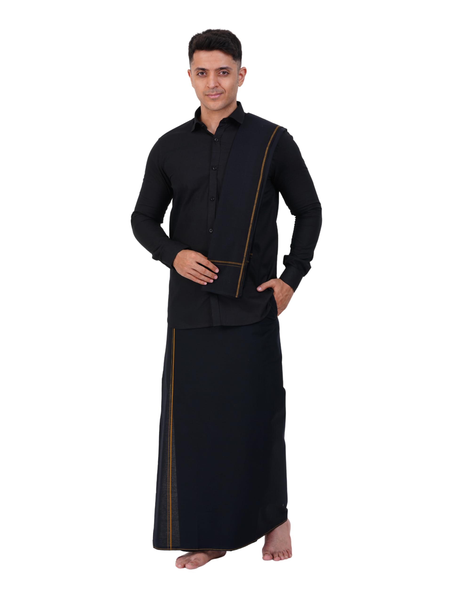 Prakasam Cotton Mens Small Border (Roja) Flexi Adjustable Readymade Pocket Black Dhoti + Readymade Full Sleeve Shirt + Black Sma
