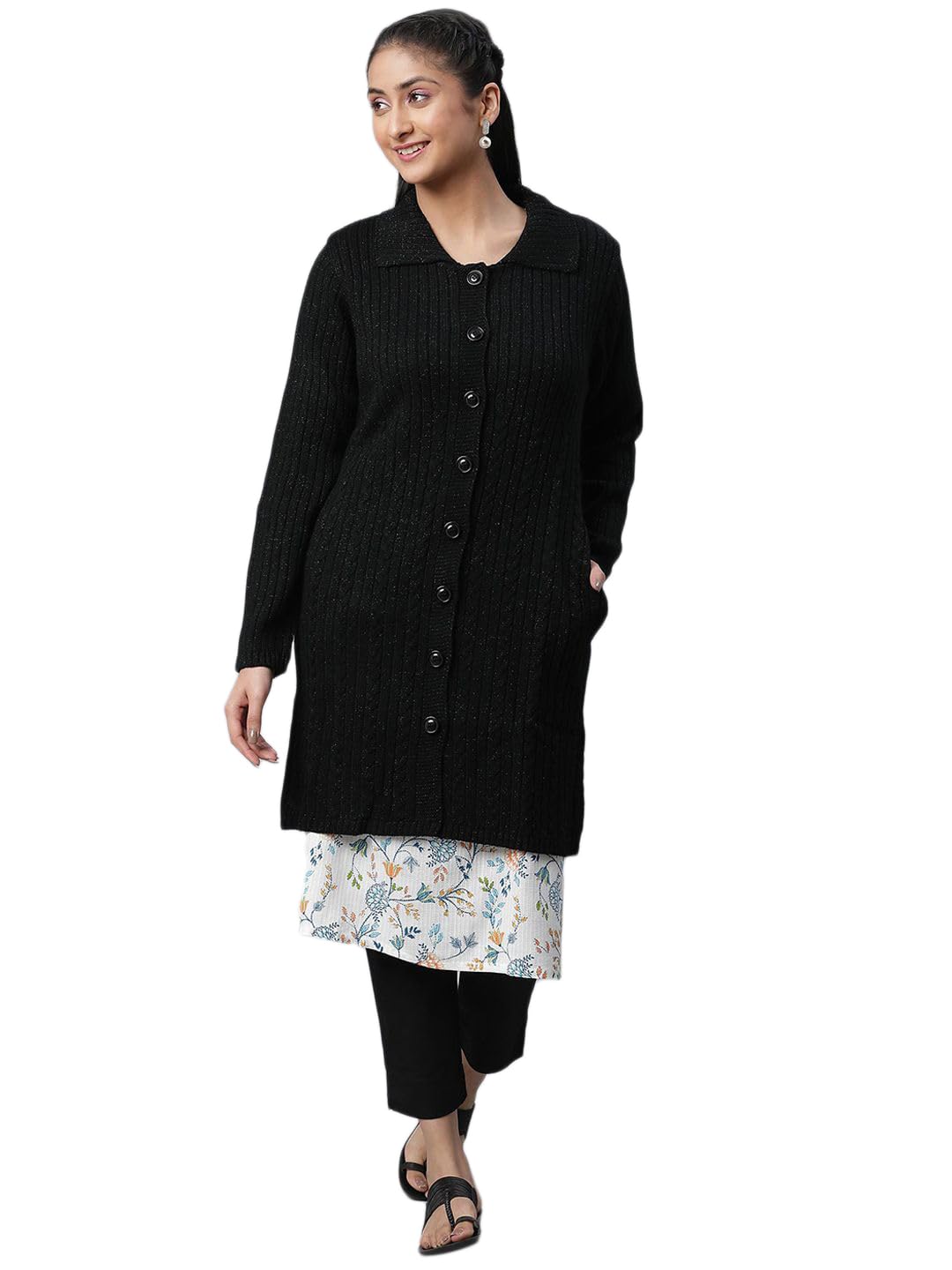 Aurelia Black Shirt Collar Long Coat (Size: M)-24Noa40073-603090