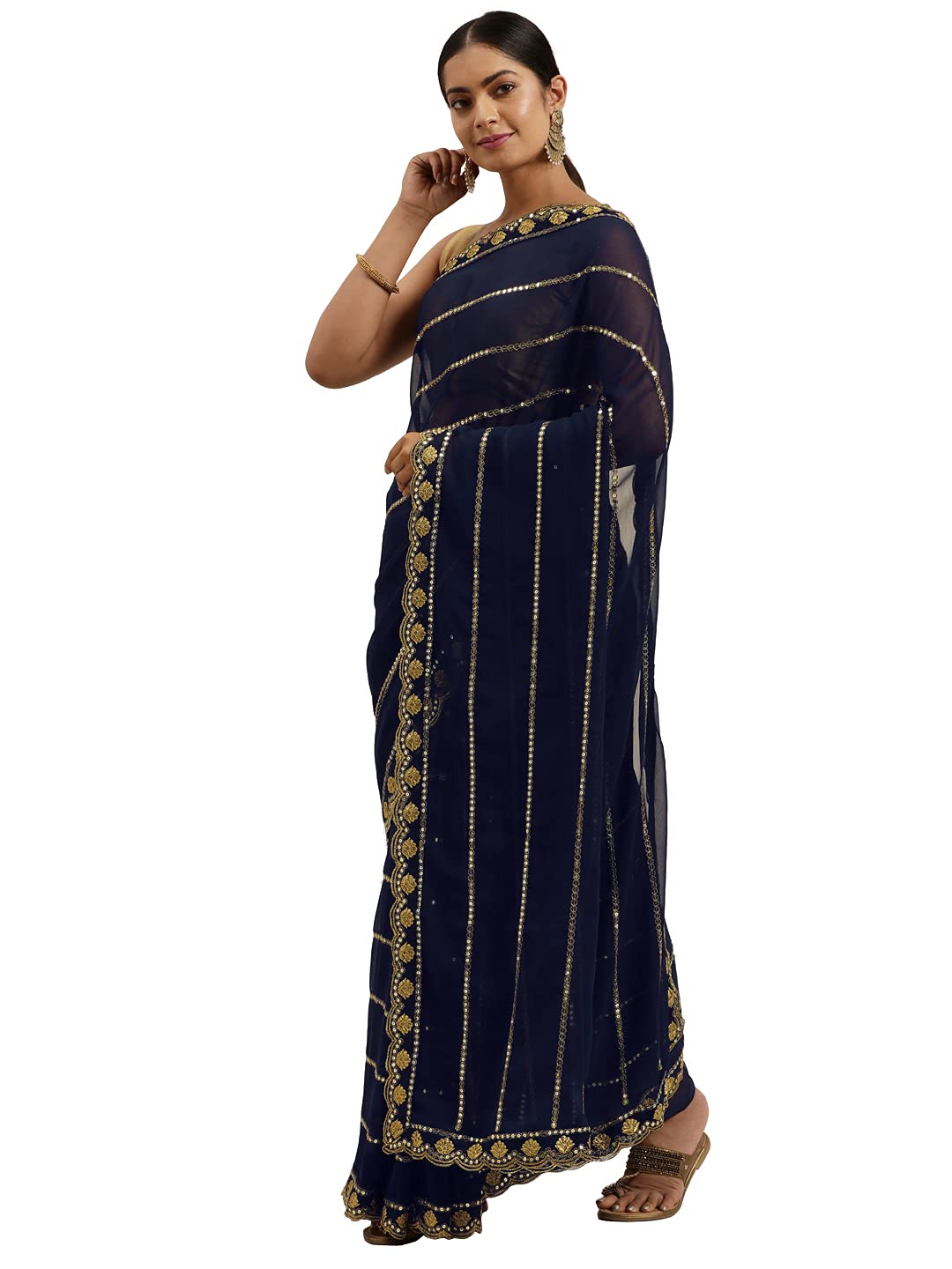 Shasmi Womens Designer Black Georgette Embroidered Fashion Designing Saree for Women (KK) (Navy Blue)