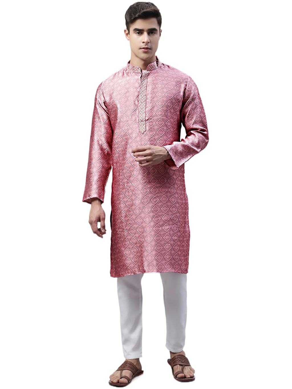 Jompers Mens Collar Embroidered Silk Jacquard Kurta Pyjama Set