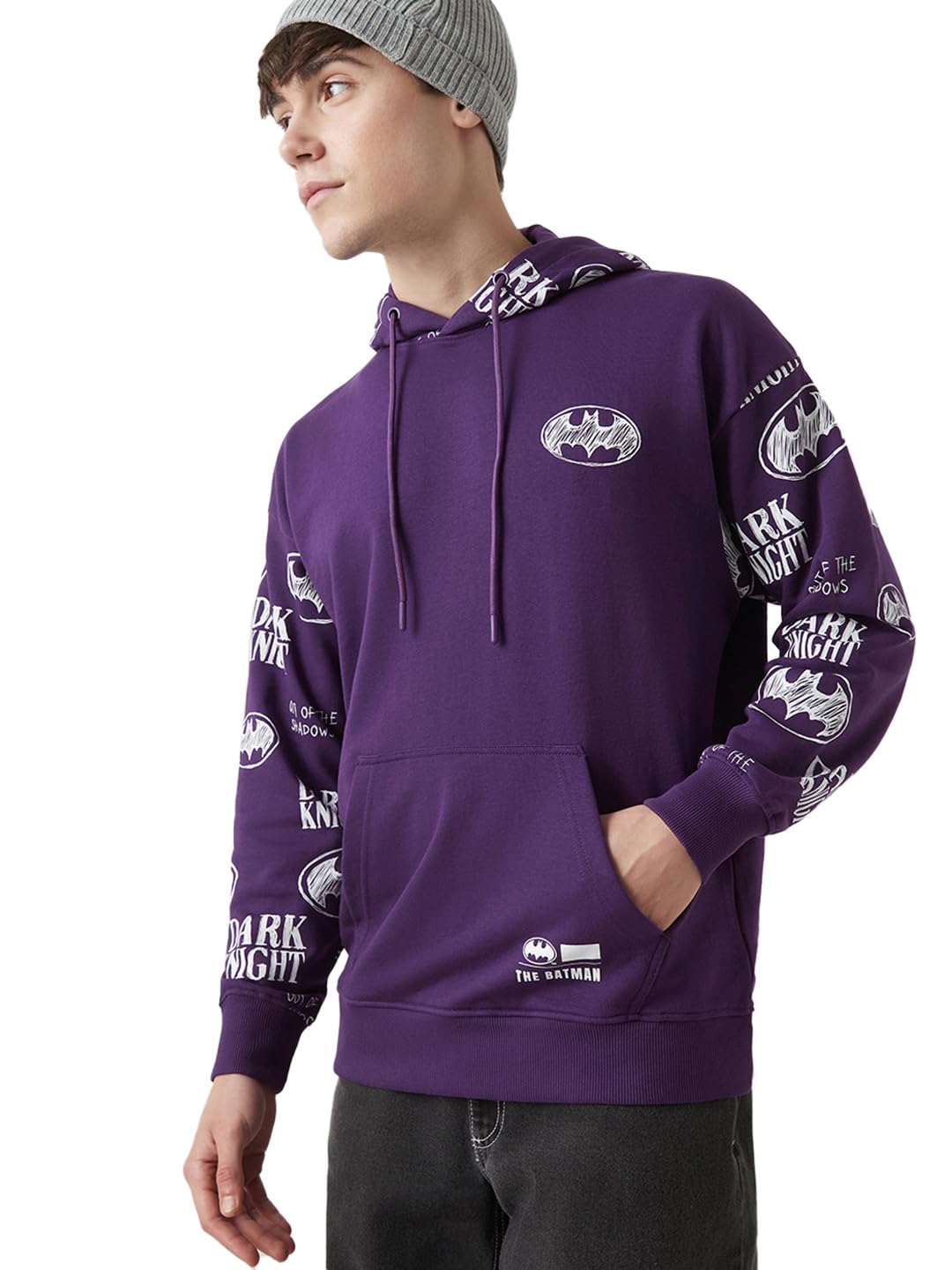 Bewakoof Official DC Merchandise Batman Mens Graphic Print Oversized Fit Full Sleeve Hooded Poly Cotton Hoodies_644641_Purple_2