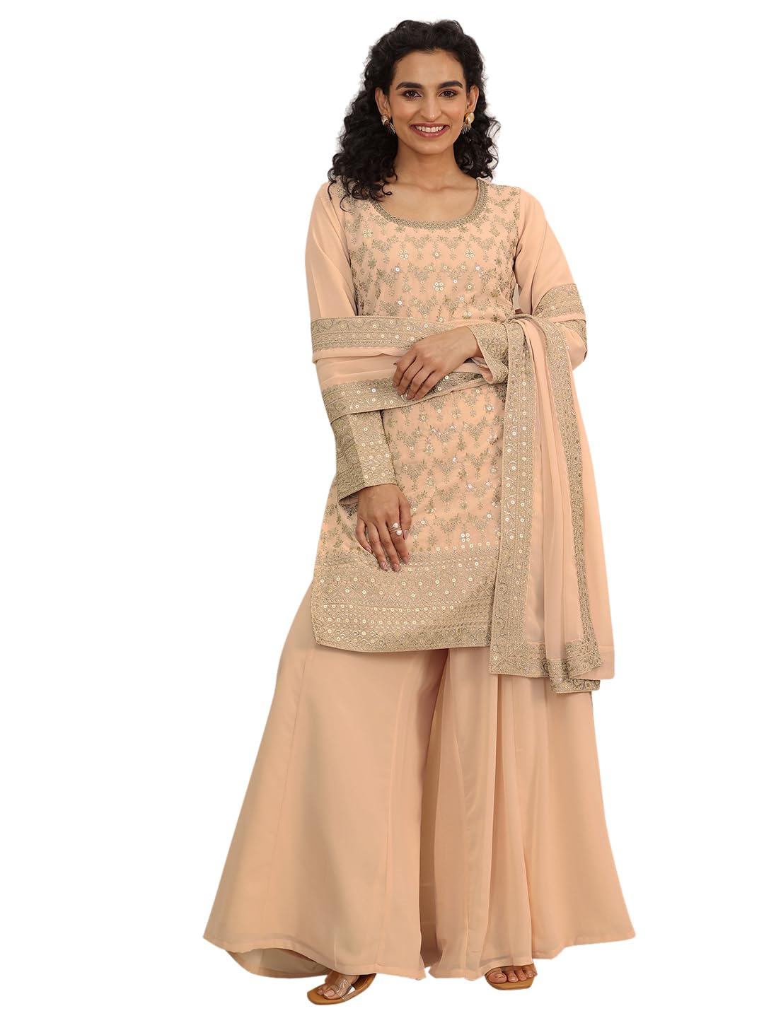 Libas Art Womens Embroidered Georgette Straight Kurta With Sharara and Dupatta