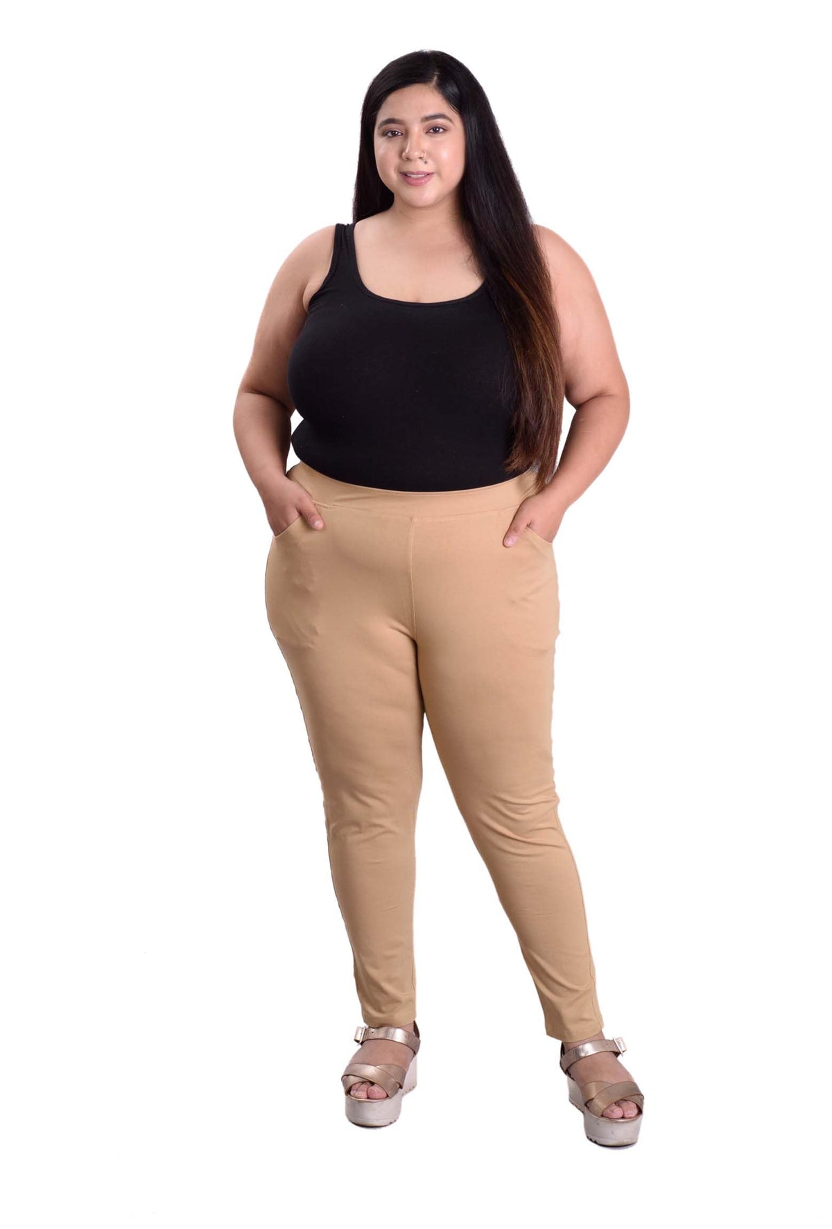 Keepfit Cotton Spandex Slim Fit Ankle Length Plus Size Pocket Leggings For Women & Girls Beige 7