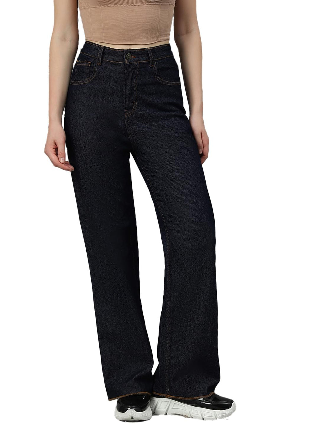 Kotty Womens Solid High Rise Cotton Lycra Blend Relaxed Fit Jeans