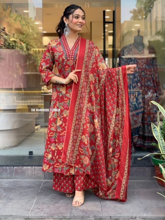 Lookmark WomenS Cotton Blend Floral Printed Kurta Plazzo Set With Dupatta Suitable For Every Indian Occasion (Az-Lm-Og-Ks2171 R